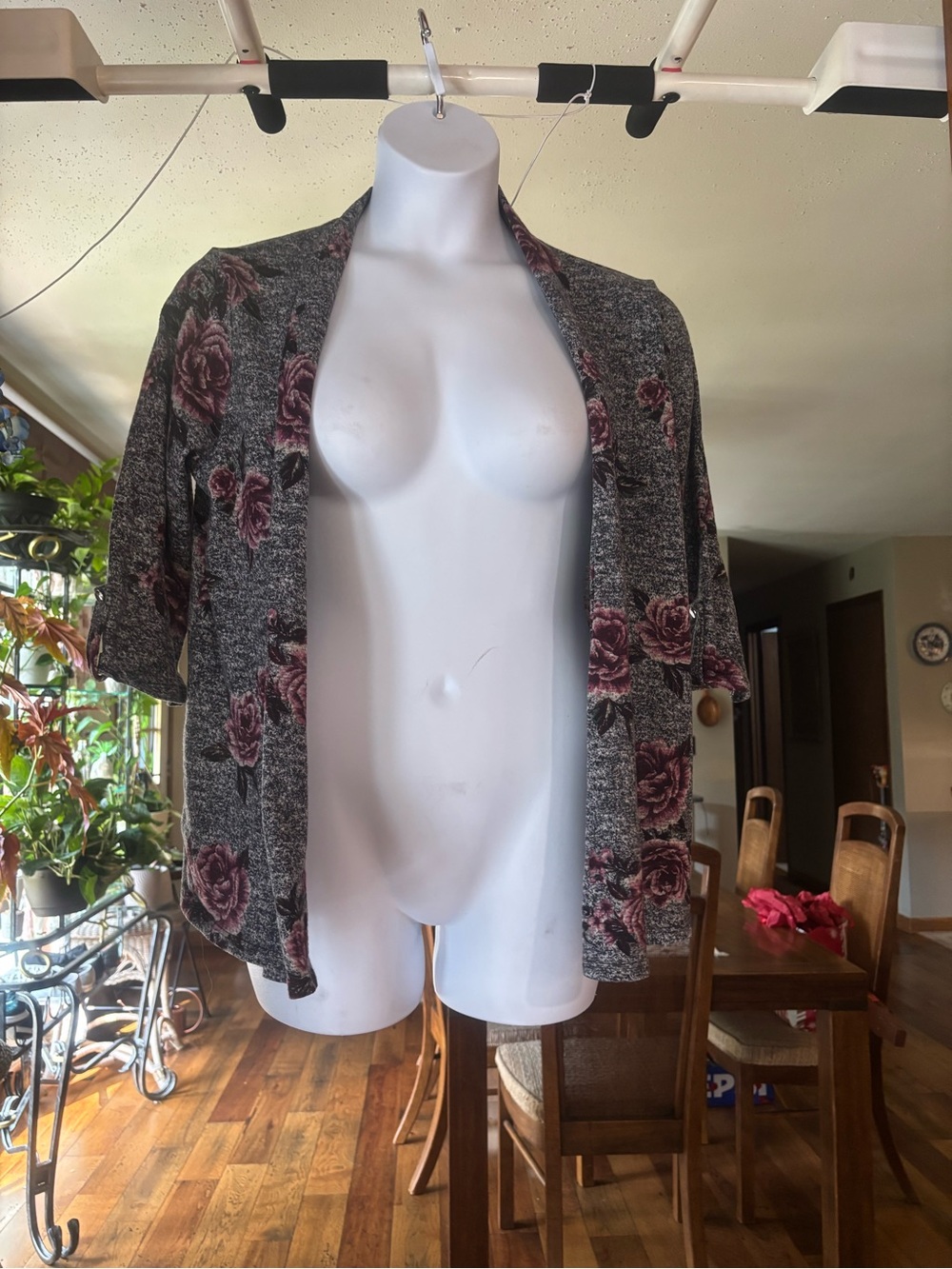 Corvia Open-Front Gray Floral Knit Cardigan - Women's Sweater Size XL
